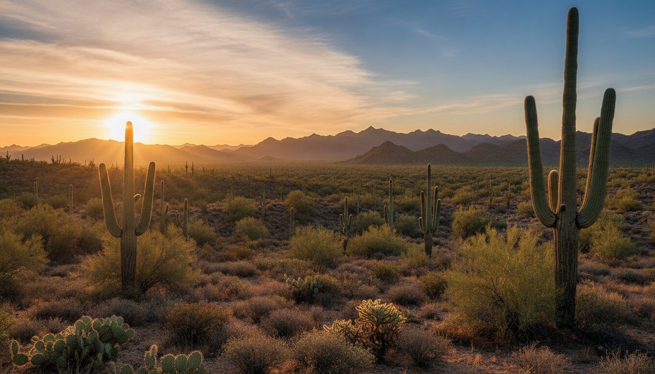 The Sonoran desert at first light, tall saguaro cacti against distant mountains