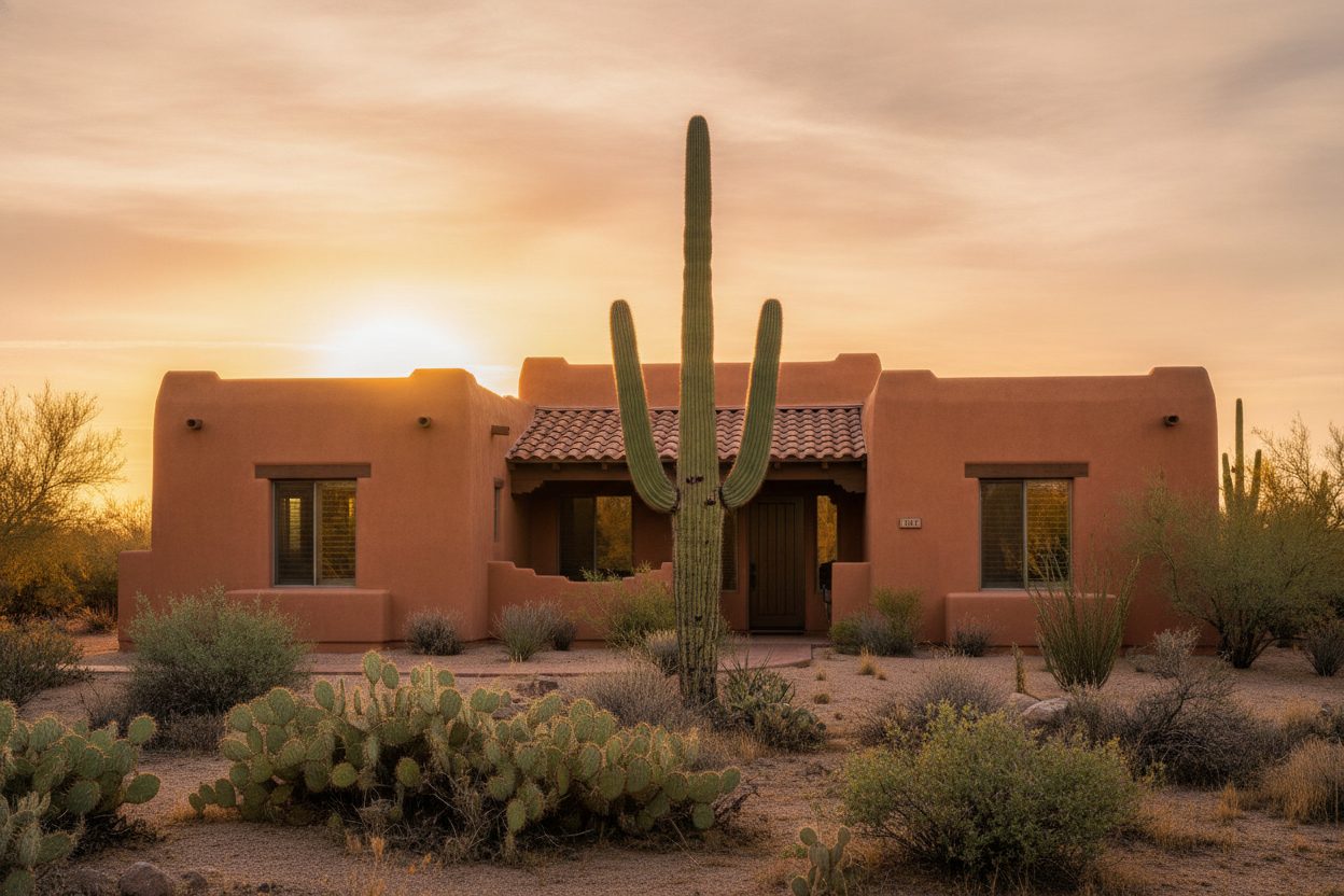 A warm terracotta adobe home in the Sonoran desert at golden hour, a tall saguaro cactus by the front door