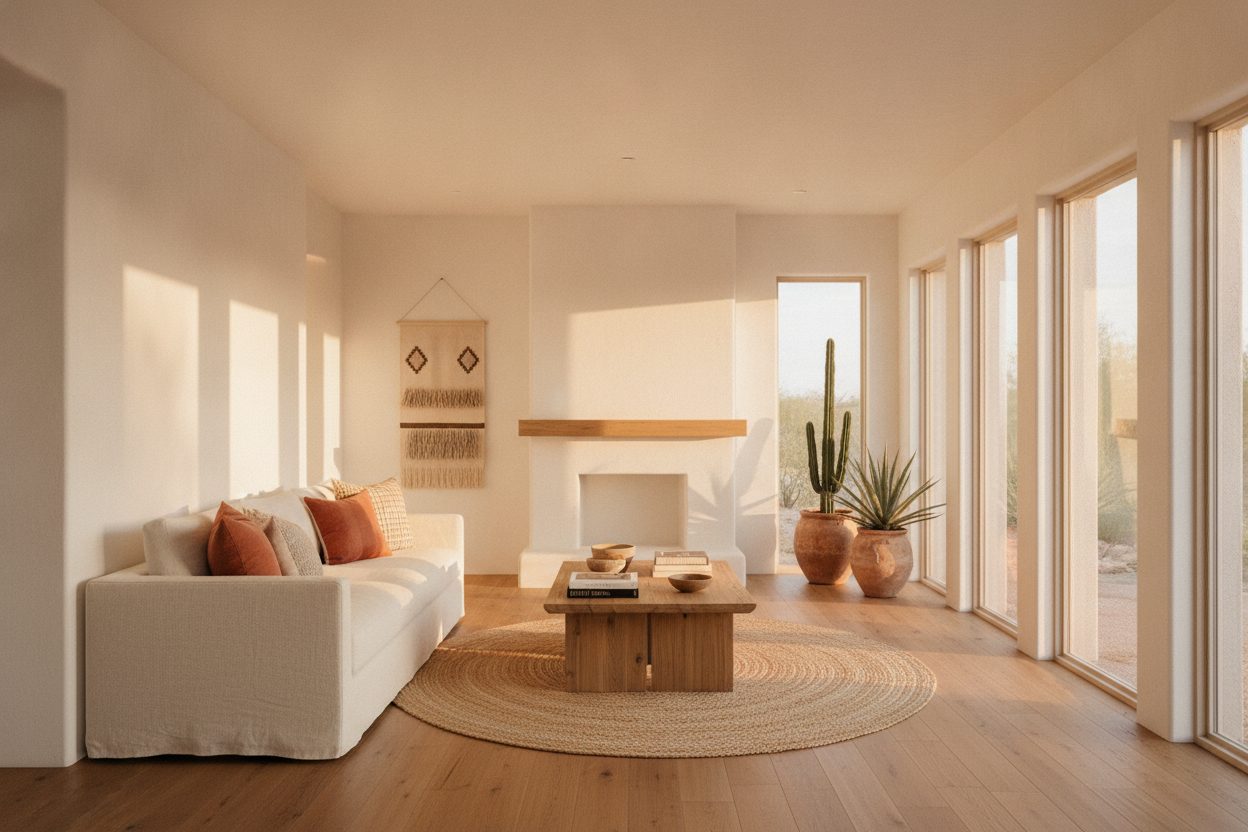 A bright desert-modern living room with warm oak floors, white plaster walls, and terracotta accents lit by golden hour sun