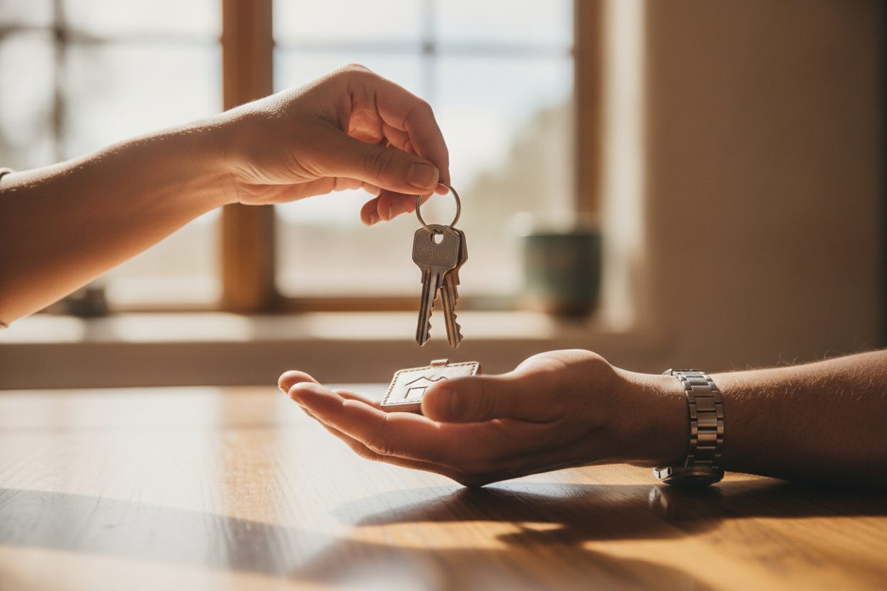 One hand passing a set of new house keys to an open waiting hand over a warm wood table in bright window light